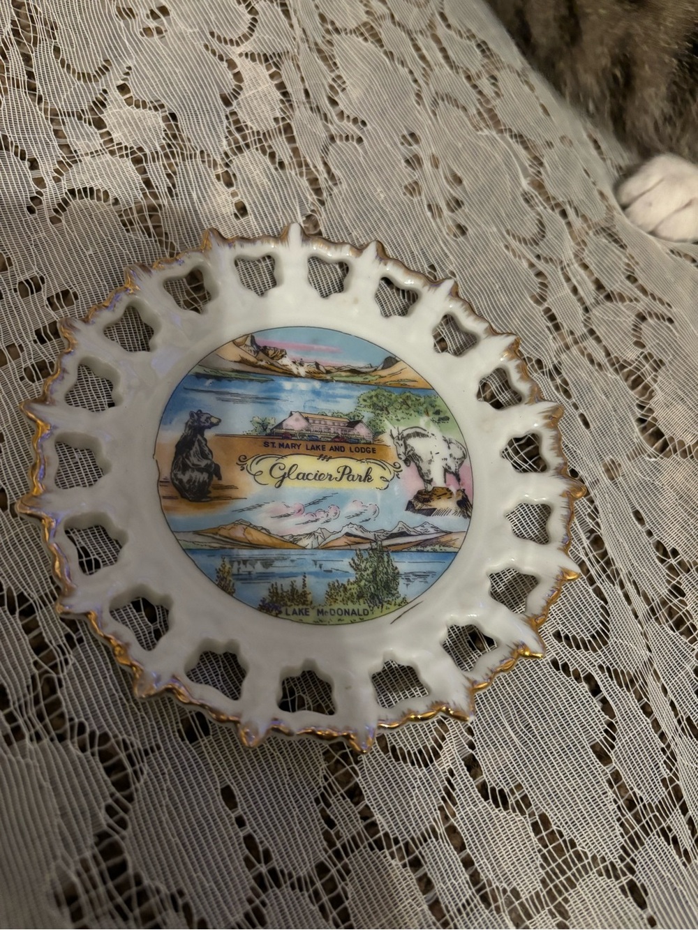 Vintage Glacier Park Decorative Trinket Dish in White and Gold